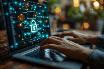 Businessman Typing on Secure Laptop with Cybersecurity for Data Protection, Secure Login, and Internet Access in a Business Office
