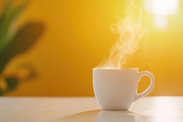 Obraz premium Close-up of a Freshly Brewed Steaming Hot Cup of Delicious Coffee on a Wooden Table