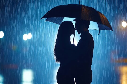 Couple embracing under umbrella in rainy city night