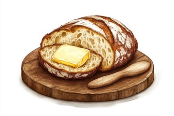 Fresh Bread with Butter in Rustic Bakery Setting