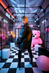 Beautiful model in leather black coat. Fashion creative photo shoot. Fashionable avantgarde style photography for magazines.