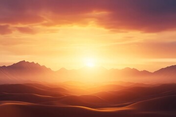 Obraz premium Stunning Golden Sunset Over Vast Desert Landscape with Dramatic Skies and Distant Mountain Peaks