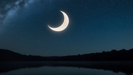 Serene Night Sky Crescent Moon Reflecting on a Calm Lake