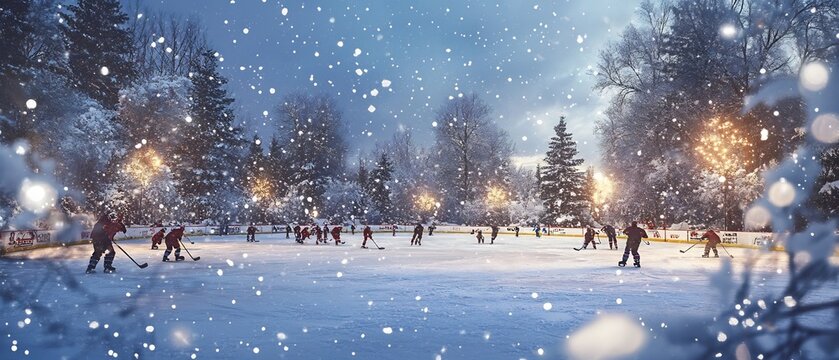 Snowy ice hockey game taking place in a beautifully lit winter wonderland setting blending the festive spirit of Christmas with the excitement of a competitive winter sport event