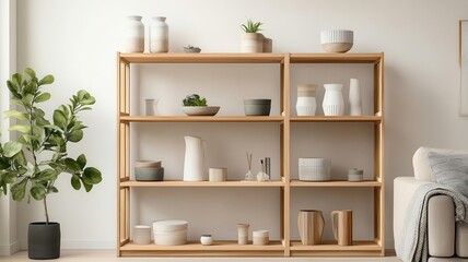 A modern wooden shelf displays various decorative items, including pots, vases, and plants, creating a stylish and organized living space.