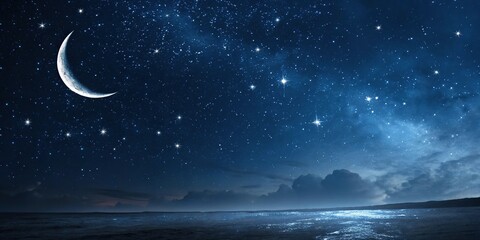 Naklejka premium Dark blue background with twinkling stars and a crescent moon, dark skies, space scene