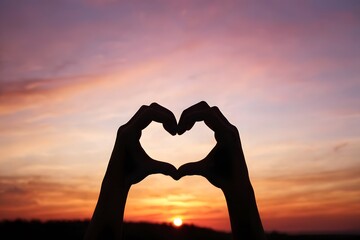 Silhouette of Hands Forming a Heart Shape Against a Romantic Sunset Sky