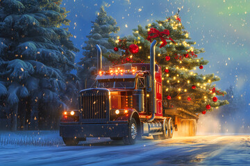 A red truck drives along the road in the city, carrying a Christmas tree.