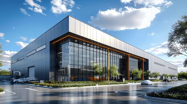 Modern Warehouse Exterior with Car Parking Blue Sky and White Clouds