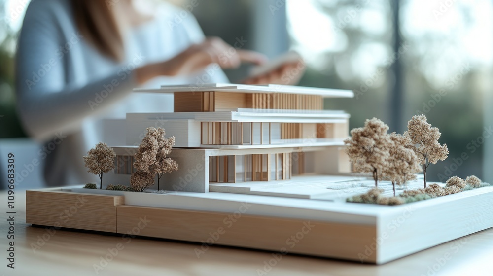 Poster a woman is sitting at a table with a model of a building in front of her