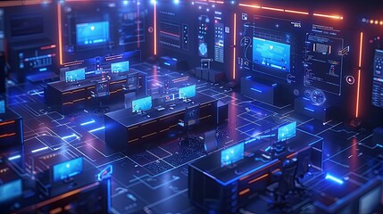 Fototapeta premium Sleek modern office with employees using advanced tech like holograms