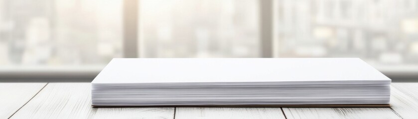 Obraz premium A stack of blank papers rests on a wooden table, illuminated by natural light from a window, creating a serene and minimalist workspace atmosphere.