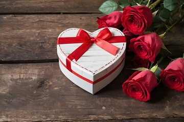 Valentine's Day Heart-Shaped Gift Box and Roses Arrangement on Rustic Table
