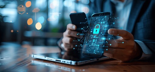 Businessman using smartphone and laptop for cybersecurity, securing data with encrypted network, protecting business transactions from cyber attacks, online security measures