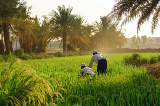 Photograph of young Arab boys working in rice fields, wide shot