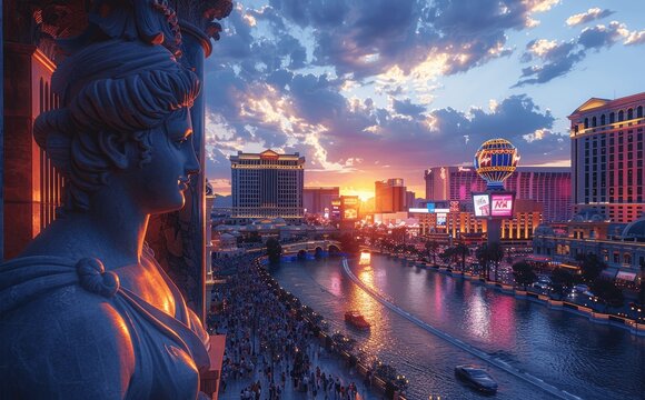 Aerial View of Las Vegas at Sunset with City Lights and Famous Landmarks - Powered by Adobe