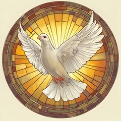 White dove with outstretched wings in stained glass. Symbol of peace, hope, and spirit.