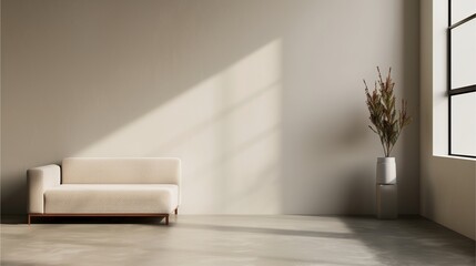 Fototapeta premium Minimalist Living Room: A serene and modern living room with a plush white sofa, a potted plant, and a large window that casts a soft, natural light.