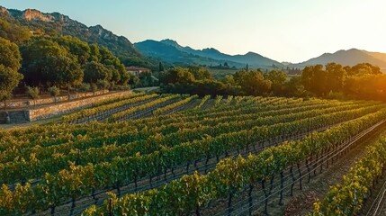 Fototapeta premium Lush vineyard landscape at sunset with mountains in the background and rows of grapevines.
