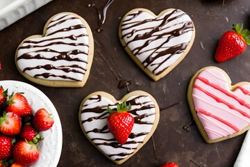 Heart-Shaped Valentine’s Day Cookies with Fresh Strawberries and Chocolate Drizzle