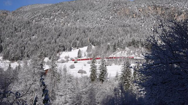 Snowy landscape at Schmitten Albula with red train of narrow gauge railway passing in the Swiss Alps on a snowy autumn day. Movie shot November 22nd, 2024, Schmitten Albula, Switzerland.