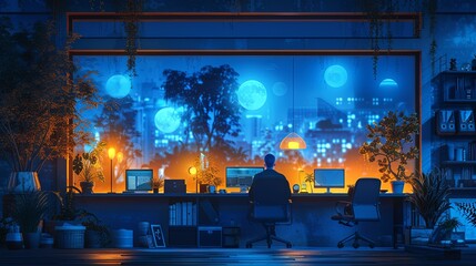 Sleek modern office with employees using advanced tech like holograms