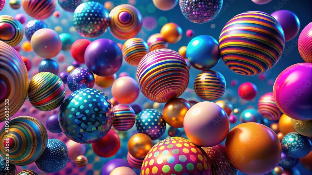 Poster A vibrant display of colorful spheres with varying textures and patterns, from polka dots to stripes, creating a sense of playful energy and visual excitement.