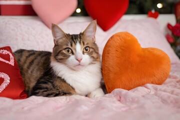 Adorable Valentine’s Cat Snuggling with a Heart Plush Toy on a Cozy Bed
