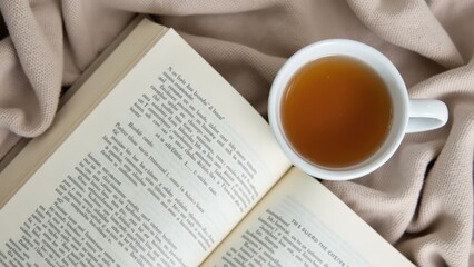 A cup of tea and an open book placed on a neutral-toned blanket.
