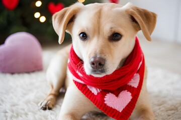 Adorable Pet Valentine Dog Wearing a Heart-Shaped Scarf for the Holiday