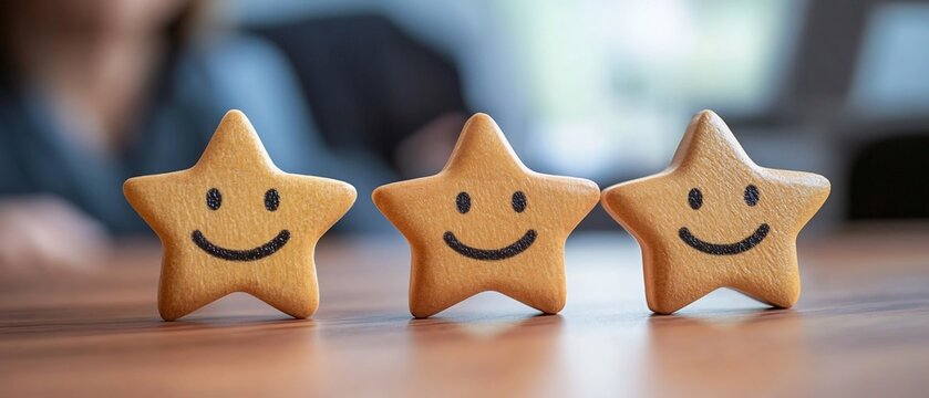 Smiling wooden star representing a successful and constructive employee evaluation process in human resources management  The stars signify positive feedback skill assessments