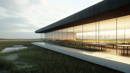 Harmony of Futurism and Nature: Modern School and Dining Hall Exterior