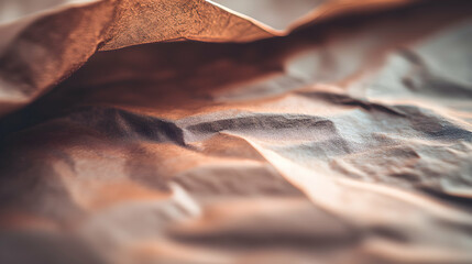 Abstract close-up of textured, crumpled brown fabric;  subtle light and shadow play creates depth and visual interest.  Ideal for background or design elements.
