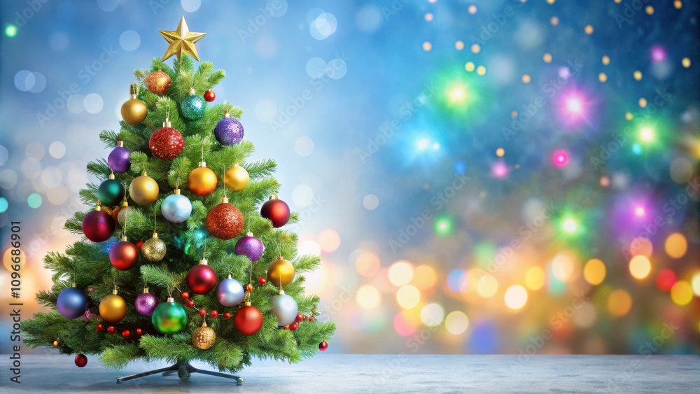 Poster A Festive Christmas Tree Adorned with Colorful Ornaments and a Star, Standing Before a Shimmering Bokeh Background