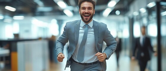 Naklejka premium Energetic and Confident Businessman Jumping with Excitement and During His Career Onboarding Program Representing Motivation Satisfaction and Successful Recruitment