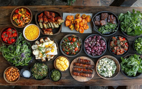 Farm to fork concept fresh, homegrown food displayed on a rustic wooden table, highlighting the beauty of organic produce and simple meals
