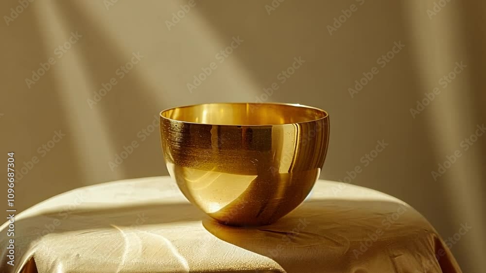 Poster a shiny golden bowl rests on a delicate fabric surface, capturing the light of the sun streaming thr