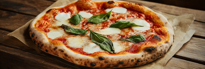A delicious Italian pizza adorned with fresh basil leaves, melted mozzarella cheese, and vibrant tomato sauce on a perfectly baked crust, embodies culinary delight.