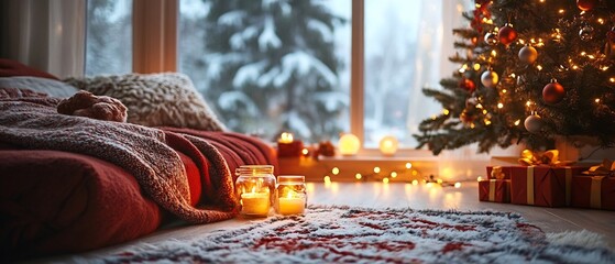 Cozy Christmas home decor scene featuring soft lighting warm blankets and festive holiday accents...