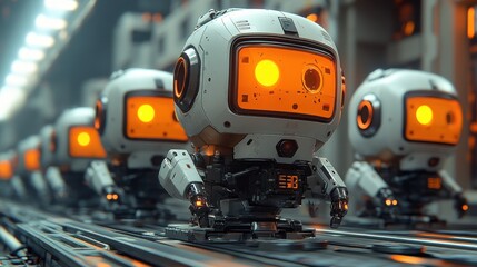 Fototapeta premium Miniature Robots on Conveyor Belt: A Futuristic Factory Scene