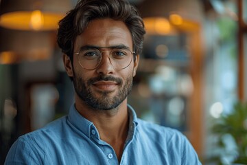 Obraz premium Young Indian Businessman Holding Tablet in Modern Office Walking and Thinking with Glass Walls Professional Male Executive in Blue Shirt with Glasses Confident Entrepreneur Planning Solutions