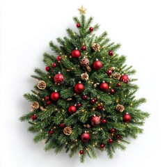 Top view of a beautifully decorated Christmas fir tree, adorned with sparkling ornaments, ribbons, and a star on top, isolated on a clean white background, perfect for holiday-themed designs.