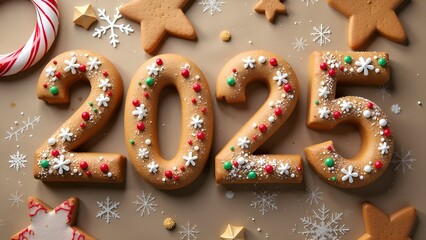 New Year card. The figures of the year 2025 are made of gingerbread decorated with icing. The background is brown with stars