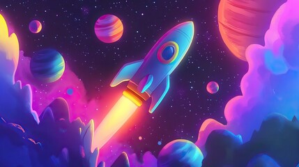 Colorful cartoon rockets exploring the vibrant cosmos. Space Background for Wallpaper. AI generated image