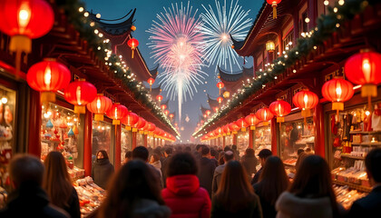 Fototapeta premium Lantern-lit street market with fireworks display 