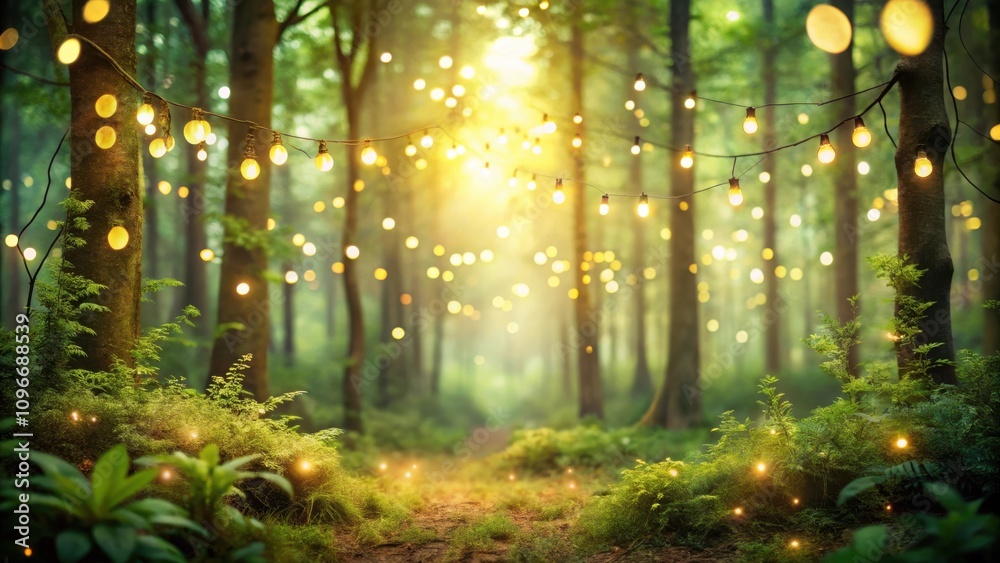 Poster enchanted forest pathway lit by string lights and fairy lights