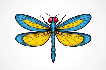 A detailed, stylized illustration of a dragonfly, showcasing intricate linework and vibrant blue and yellow colors.