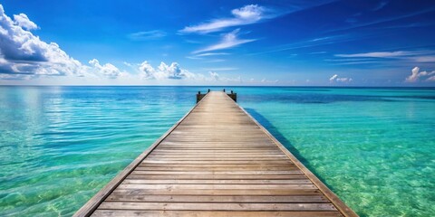 Fototapeta premium A wooden pier extending towards the turquoise waters of the ocean, disappearing into the horizon under a bright blue sky with fluffy white clouds.