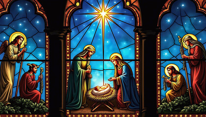 Obraz premium Stained glass nativity scene with vibrant colors 