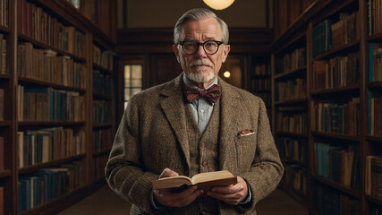 a scholarly male librarian in his late 50s, wearing a tweed jacket, bow tie, and corduroy pants. He has round glasses, a pocket protector, and is holding a stack of book